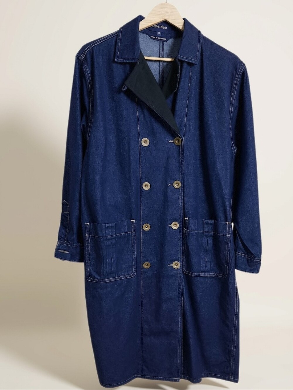 Vintage 90s Calvin Klein Denim Trench Coat Duster Jacket Blue Tag • Small